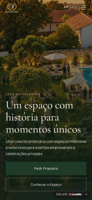 Página inicial do website Solar das Suecas no telemóvel