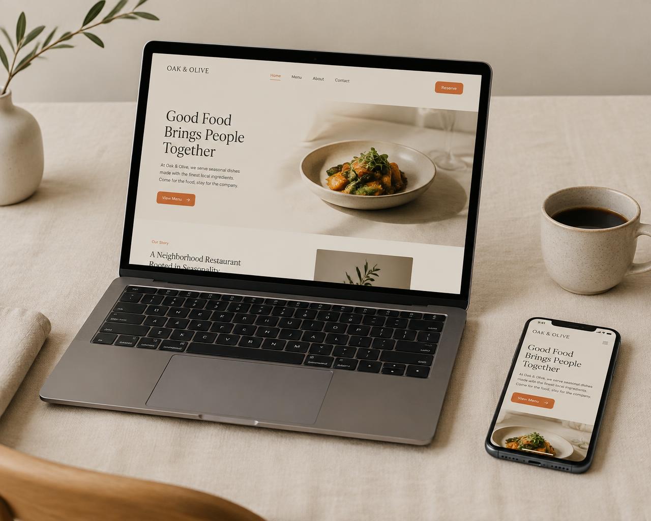 Website moderno apresentado num portátil e num telemóvel